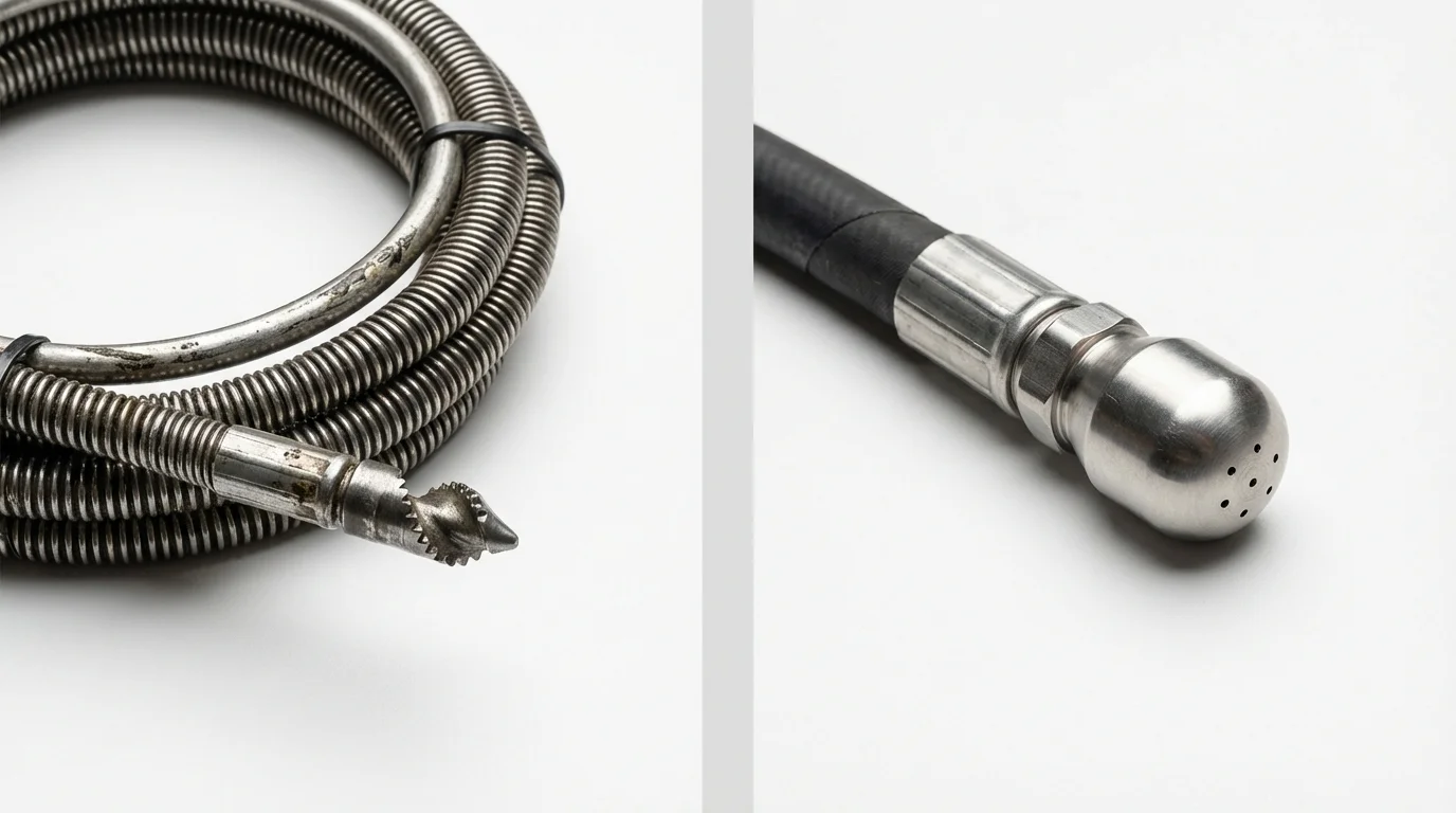 Drain snake cable and hydro jetting nozzle used for drain cleaning in Villa Rica, GA