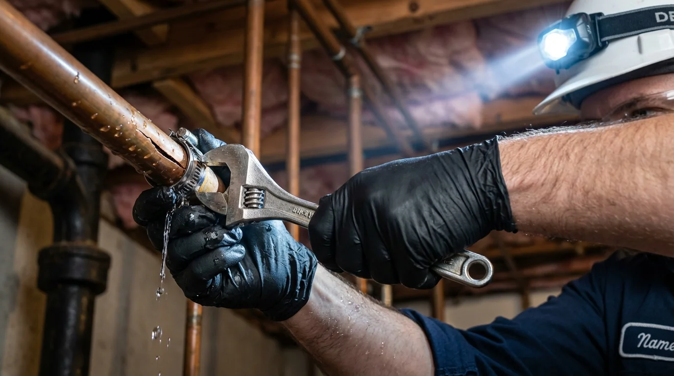 Emergency pipe clamp repair being performed by a Johns Plumbing LLC plumber in Villa Rica