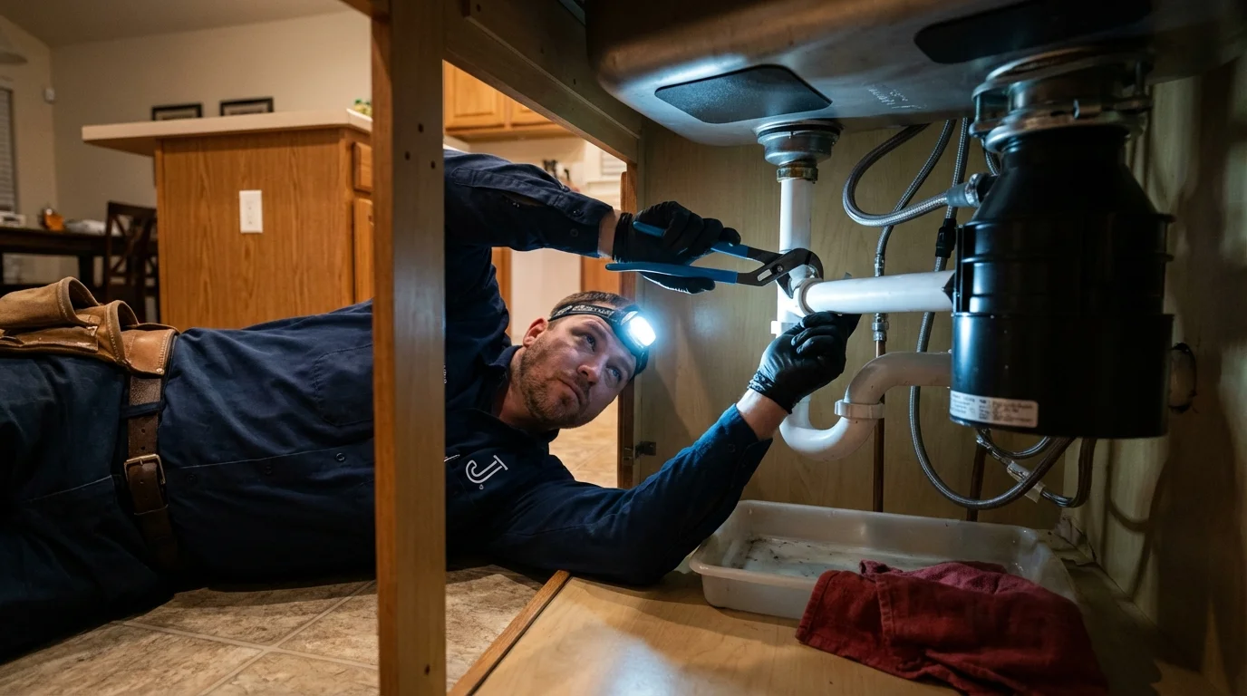 P-trap and supply line connections under a kitchen sink showing a common leak point in Villa Rica, GA